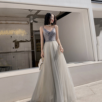 Gray tulle beads long prom dress A line evening dress - Thumbnail 4