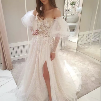 Off shoulder wedding dresses slit tulle bd8 - Thumbnail 4