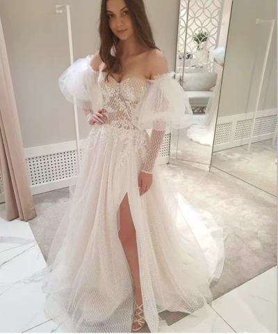 Off Shoulder Wedding Dresses Slit Tulle BD8
