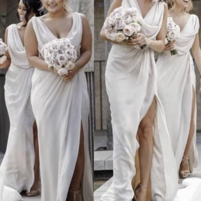 V neck bridesmaid dresses slit bd0