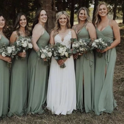 Sage green bridesmaid dresses spaghetti straps slit 