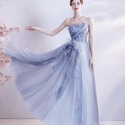 Cute tulle beads long prom dress a line evening dress - Thumbnail 3