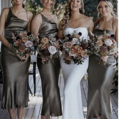 Tea length bridesmaid dresses silk straps