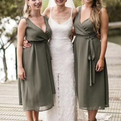 V neck bridesmaid dresses under 100 tea length