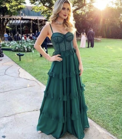Green Prom Dresses Spaghetti Straps Corset for Party