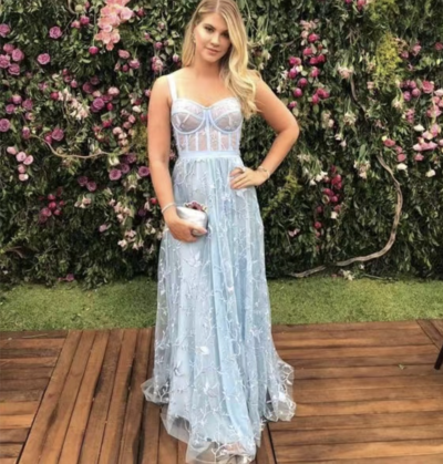 Sky Blue Prom Dresses Lace Corset Spaghetti Straps