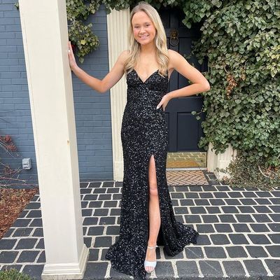 Glitter mermaid v neck straps black sequins prom dress with slit - Thumbnail 2