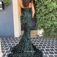 Stunning Glitter Mermaid V Neck Dark Green Sequins Long Prom Dress with Train - Thumbnail 1