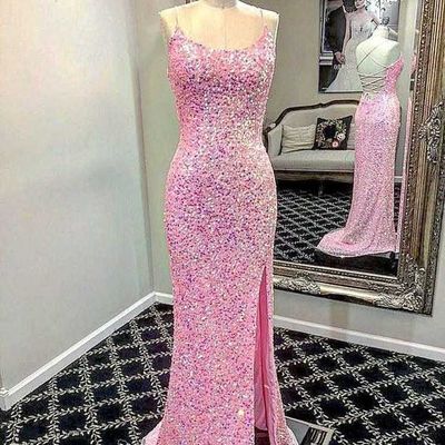 Cute mermaid scoop neck pink sequins prom dresses with slit - Thumbnail 1