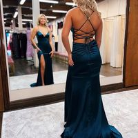 Charming Mermaid V Neck Spaghetti Straps Satin Long Prom Dress with Slit - Thumbnail 3