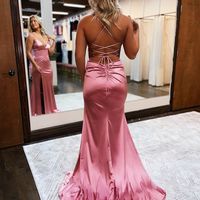 Charming Mermaid V Neck Spaghetti Straps Satin Long Prom Dress with Slit - Thumbnail 2