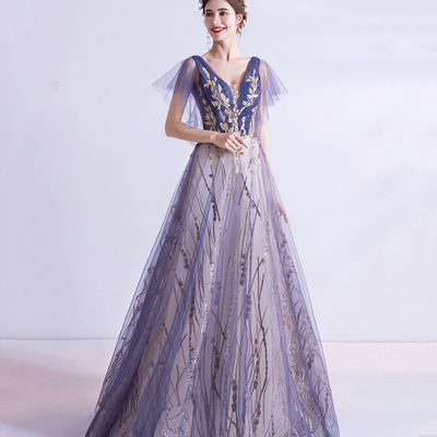 Purple tulle sequins long prom dress a line evening dress - Thumbnail 3