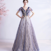 Purple tulle sequins long prom dress A line evening dress - Thumbnail 4