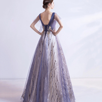 Purple tulle sequins long prom dress A line evening dress - Thumbnail 6