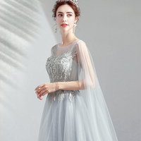 Gray tulle lace long prom dress A line evening dress - Thumbnail 1