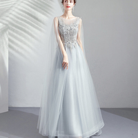 Gray tulle lace long prom dress A line evening dress - Thumbnail 2