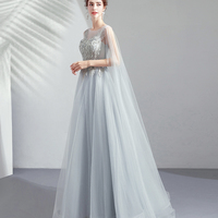 Gray tulle lace long prom dress A line evening dress - Thumbnail 3