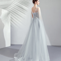 Gray tulle lace long prom dress A line evening dress - Thumbnail 5