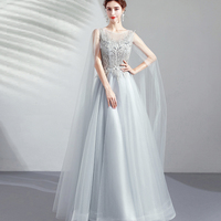 Gray tulle lace long prom dress A line evening dress - Thumbnail 7