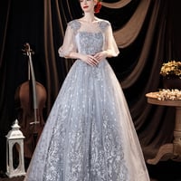 Gray tulle lace long prom dress A line evening gown - Thumbnail 1