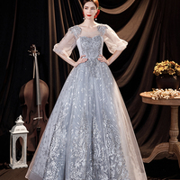 Gray tulle lace long prom dress A line evening gown - Thumbnail 2