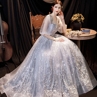 Gray tulle lace long prom dress A line evening gown - Thumbnail 3