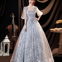 Gray tulle lace long prom dress A line evening gown - Thumbnail 4