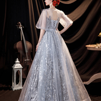 Gray tulle lace long prom dress A line evening gown - Thumbnail 5