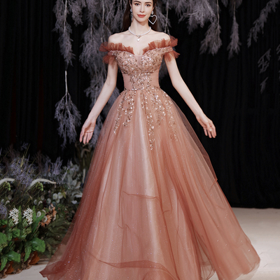 Red tulle sequins long prom dress a line evening dress - Thumbnail 3