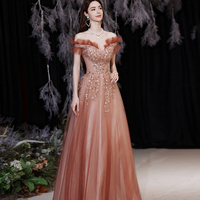 Red tulle sequins long prom dress A line evening dress - Thumbnail 1