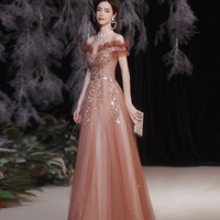 Red tulle sequins long prom dress A line evening dress - Thumbnail 2