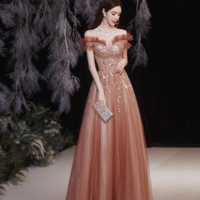 Red tulle sequins long prom dress A line evening dress - Thumbnail 3