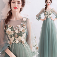 Green tulle lace long prom dress A line evening dress - Thumbnail 1
