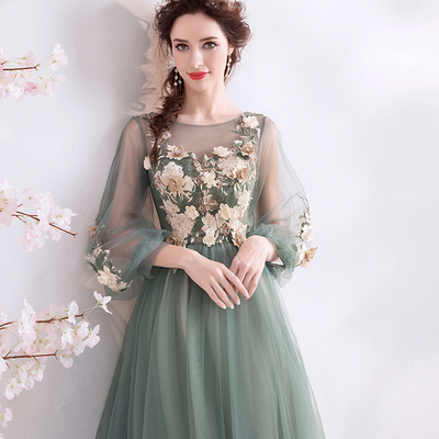 Green tulle lace long prom dress a line evening dress - Thumbnail 2