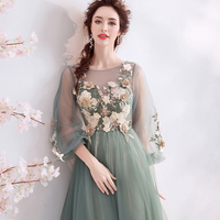 Green tulle lace long prom dress A line evening dress - Thumbnail 2