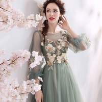 Green tulle lace long prom dress A line evening dress - Thumbnail 3