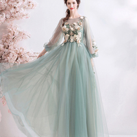 Green tulle lace long prom dress A line evening dress - Thumbnail 4