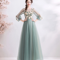 Green tulle lace long prom dress A line evening dress - Thumbnail 5