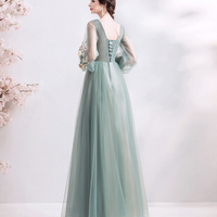 Green tulle lace long prom dress A line evening dress - Thumbnail 6