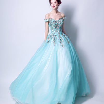 Blue tulle lace long ball gown dress blue evening dress - Thumbnail 3