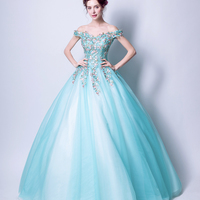 Blue tulle lace long ball gown dress blue evening dress - Thumbnail 2