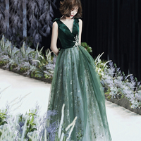 Green tulle sequins long prom dress A line evening dress - Thumbnail 3
