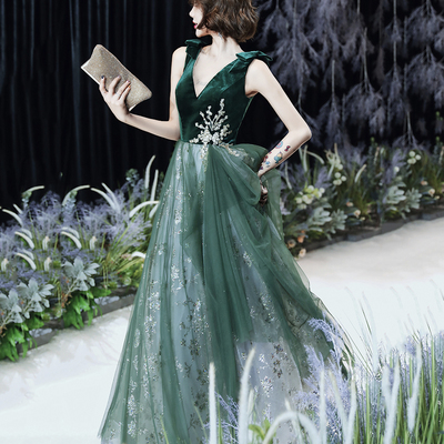 Green tulle sequins long prom dress a line evening dress - Thumbnail 2
