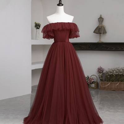 Burgundy tulle long prom dress a line evening dress - Thumbnail 2