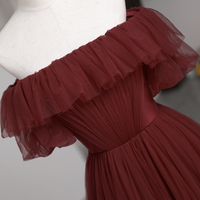 Burgundy tulle long prom dress A line evening dress - Thumbnail 1