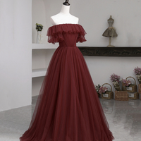 Burgundy tulle long prom dress A line evening dress - Thumbnail 2