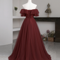 Burgundy tulle long prom dress A line evening dress - Thumbnail 3