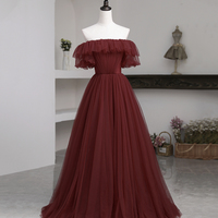 Burgundy tulle long prom dress A line evening dress - Thumbnail 4