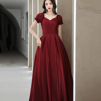 Burgundy satin long prom dress A line evening gown - Thumbnail 2