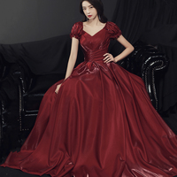 Burgundy satin long prom dress A line evening gown - Thumbnail 4